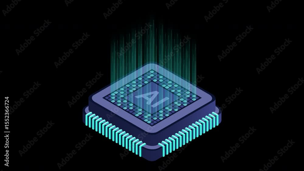 Poster isometric artificial intelligence chip animation. artificial intelligence concept. futuristic microc