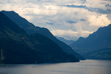 Obraz premium Scenic summer view of Alpine village. Switzerland. Alpine landscape with lake in Stansstad. Lake Lucerne. Vierwaldstatersee. Switzerland, Panoramic view on green Alps and lake Lucerne.