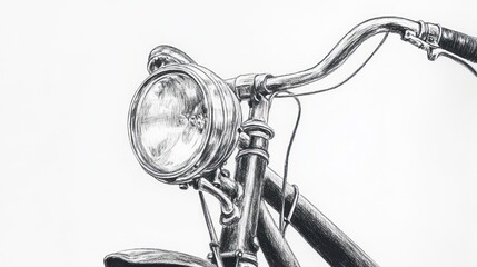 Detailed pen drawing shows the front of a classic bicycle against a white background