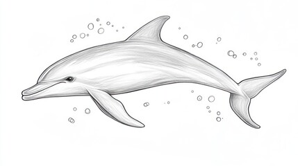 Aquatic dolphin art, sketched with light shading and swimming through small bubbles