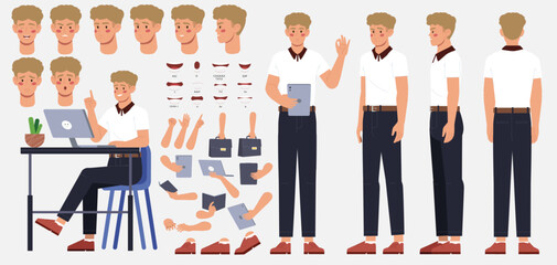 Character constructor set. Happy Male Entrepreneur or businessman in Different Body Positions. Arms, Legs and Facial Expressions of office worker. Flat vector illustration isolated on background