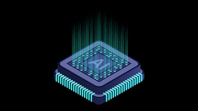Isometric artificial intelligence chip animation. Artificial intelligence concept. Futuristic microchip processor. Motion graphic. Transparent background with alpha channel