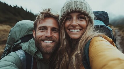 In this picturesque selfie, a smiling couple poses on a mountain trail, showcasing their adventurous spirit and love for nature in a serene and stunning landscape.