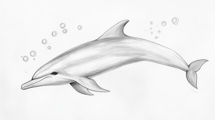 A grayscale pencil sketch of a dolphin gracefully swimming, depicted with subtle shading and detail, surrounded by small circles suggesting bubbles in the water