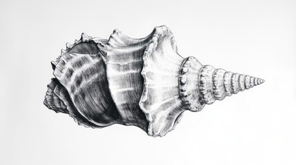 Detailed charcoal rendering of a spiral seashell with a textured, ridged surface