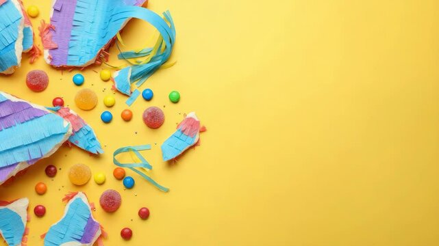 Broken pinata with scattered candies on yellow background