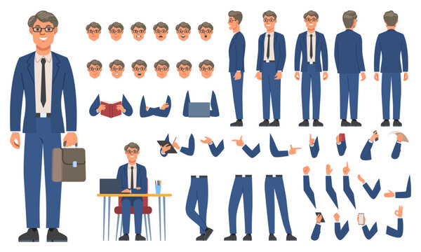 Character constructor set. Happy businessman in suit and glasses in different body positions. Arms, legs and expressions of office worker. Flat vector illustration collection isolated on background