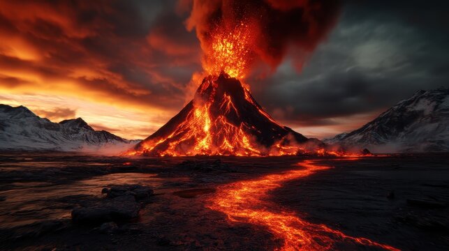 A dramatic image captures a volcano erupting, with molten lava cascading down its slopes against a backdrop of dark clouds, illustrating nature's raw power and beauty.