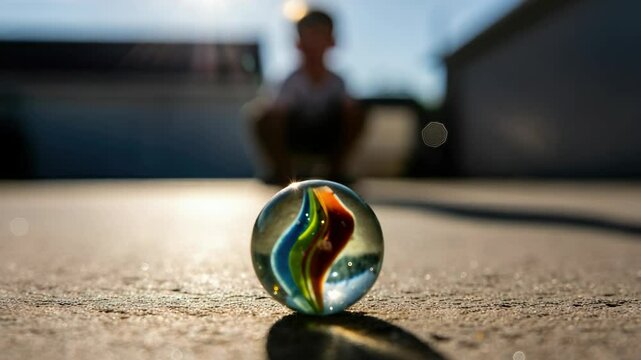 Glass marble in sunlight with child background