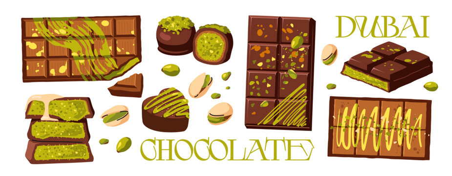 Dubai chocolate with pistachio and kataifi dough. Set of stickers with milk and white chocolate bars and candies with pistachio paste filling. Cartoon vector illustration isolated on background