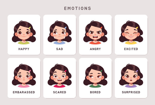 Educational Cards for kids. Set of flashcards for preschoolers from elementary school. Materials with girl expressing different emotions. Flat vector illustration collection isolated on background