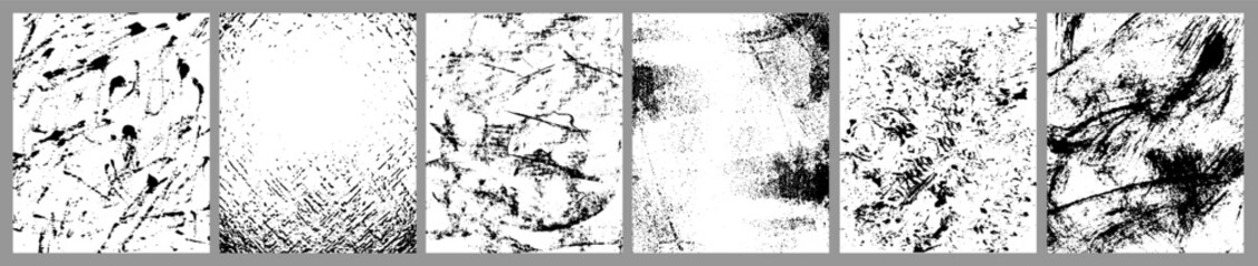 Grunge textures set. Realistic distress textures overlays with splattered, dirty effect. Black and white templates with vintage grainy surface. Hand drawn vector illustration isolated on background