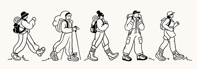 Set of people hiking. Happy men and women tourists walking outdoors and going on hike in forest or mountains. Characters with backpacks on trekking. Outline vector illustration isolated on background