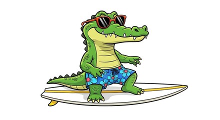 Cartoon crocodile surfer with surfboard, sunglasses and floral shorts, happy and ready for the beach. On white background.