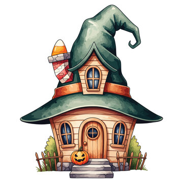 Vector illustration of, Whimsical Halloween Cottage with Witch Hat Roof