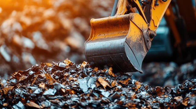 An excavator's powerful arm lifts a heap of shiny scrap metal in a busy landfill, illustrating the industrial process of recycling and the importance of waste management.