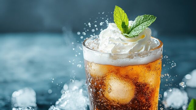 An invigorating beverage featuring a glass filled with fizzy drink, topped with whipped cream and garnished with fresh mint, perfect for summer refreshment or celebration.