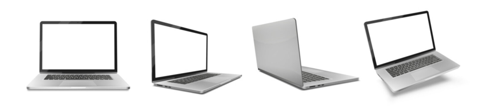 Realistic laptop mockup set. Laptop or portable devices with blank screen from different angles views. Gadget with copy space for presentation. 3D vector illustration collection isolated on background