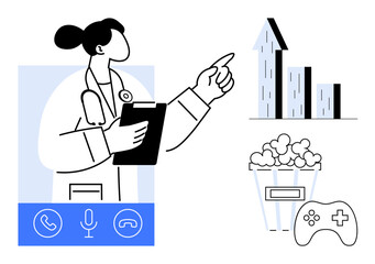 Female doctor holding clipboard, pointing at upward trend chart. Includes call icons, microphone, popcorn, game controller. Ideal for technology, healthcare, telemedicine gaming entertainment