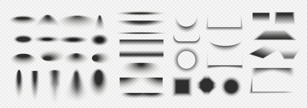 Set of geometric shadow effects. Square, round and rectangular overlays of dark shadows falling from objects on floor. Realistic vector illustration collection isolated on transparent background