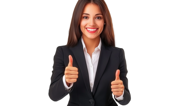 Professional woman in business attire shows thumbs up, expressing positivity, confidence, and success in a corporate environment with bright smile