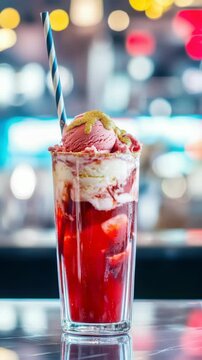 Vibrant ice cream soda delight with sparkling straw and colorful background bokeh