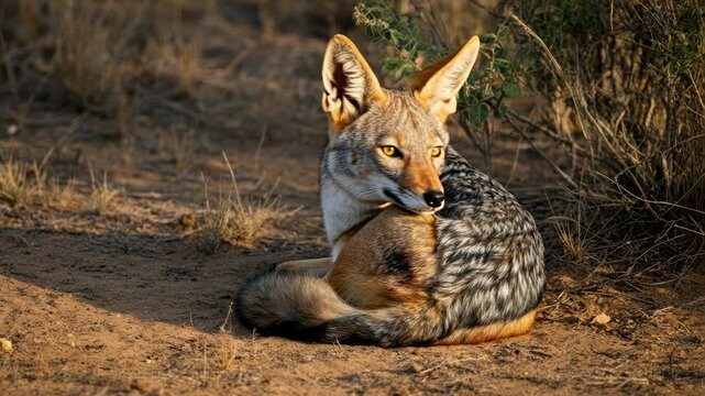 Black-backed jackal rests on dry ground in wild
