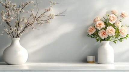 Fototapeta premium A peaceful scene with a beautiful arrangement of roses and branches in modern vases, creating a calming environment that emphasizes nature's beauty in simple home decor.