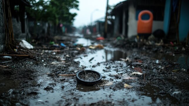 A neglected urban alley is filled with mud, trash, and stagnant water, showcasing the struggles of impoverished neighborhoods after heavy rainfall and its impact on daily life.