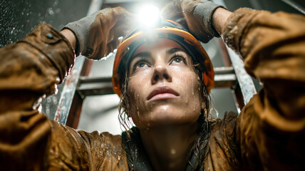 Determined worker in hardhat ascending ladder with headlamp, facing challenges with focused resolve in industrial setting.