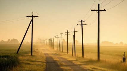 Rural dirt road lined with telephone poles during sunset, peaceful countryside scene