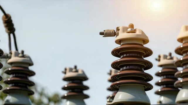 Electrical insulators on power line pole in sunlight