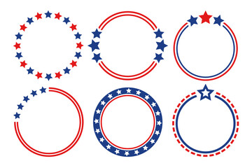 Set of simple round patriotic frames in flat style. Isolated circle 4th of July vector design with copy space for text. Independence Day of United States of America decorative elements