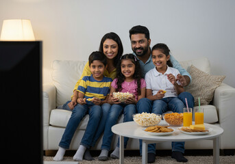 Joyful Indian Family Watching TV Together, Enjoying Snacks and Quality Time in a Cozy Home Environment
