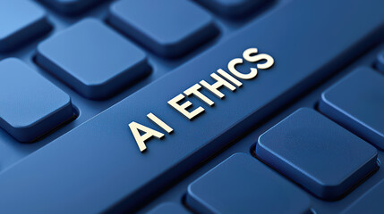 Close-up of a blue computer keyboard with a key labeled "AI ETHICS," symbolizing ethical considerations in artificial intelligence technology