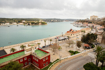 Coastal town with yachts and historical buildings Panoramic view of the port