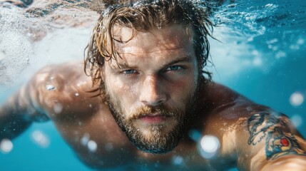 A captivating portrait of a young man submerged underwater, showcasing his intense gaze, flowing hair, and tattoos, evoking a sense of freedom and the beauty of the aquatic world.