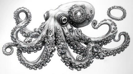 Intricate octopus drawing with mechanical elements, creating a surreal composition