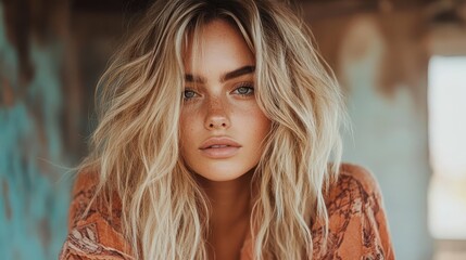 Fototapeta premium This stunning portrait captures a woman with striking features, highlighted by tousled waves and freckles, embodying natural beauty and a sense of allure in a rustic setting.