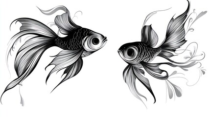 Two stylized goldfish, facing, detailed flowing fins and tails, monochrome design