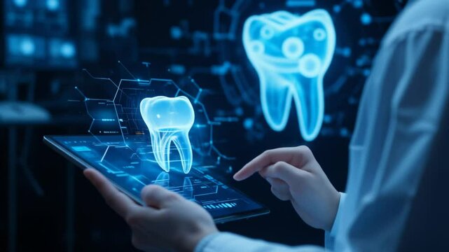 Futuristic dentistry technology with AI on dark blue background. Modern digital dentistry, 3D teeth model, smart healthcare concept. Dentist using digital tablet interface. 4k video