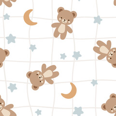 Cute teddy bears in the sky, pastel neutral for boy and girl blue stars and yellow moon, kawaii animals grid seamless pattern background.