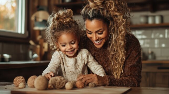 A warm, candid moment captured as a mother and her young daughter share laughter while exploring various textured objects in a cozy kitchen environment filled with love.