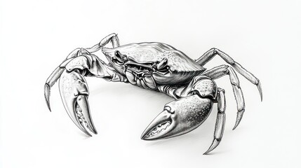 Detailed pencil sketch of a crab, rendered in grayscale against a white background; showcasing intricate details in its shell, legs, and claws
