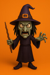Scary Cartoon Witch in 3D with Wand on Orange Background