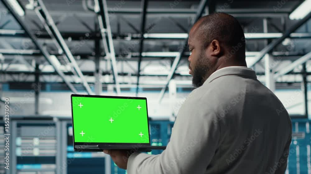 Poster close up of technician using green screen laptop in data center, managing server virtualization. it 