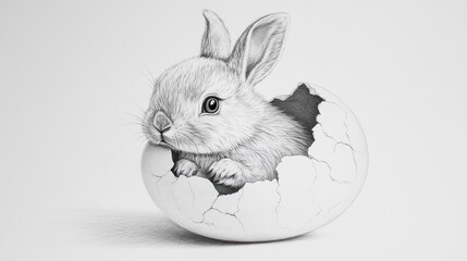 Graphite drawing of a cute bunny emerging from a cracked eggshell