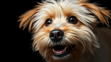 Naklejka premium Adorable terrier Yorkshire mix dog puppy portrait isolated black background