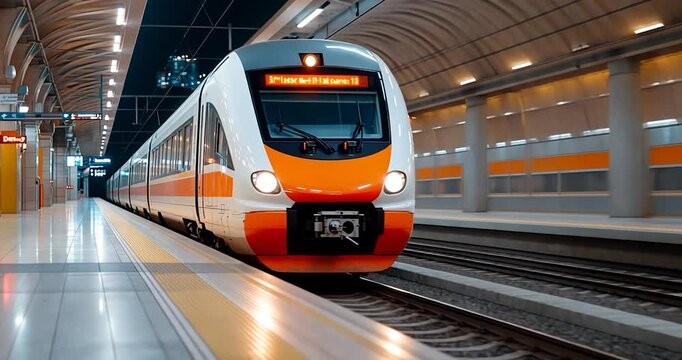 Video of a modern train entering a station with orange and white design under warm lighting. Tracks and platform visible in a blurred background