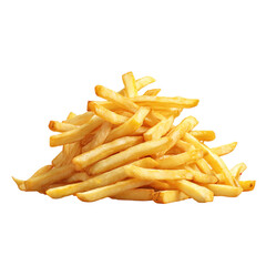 Crispy golden french fries, an isolated fast-food snack, are deliciously presented on a white background
